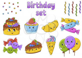Set of stickers with cute cartoon characters. Happy birthday theme. Hand drawn. Colorful pack. Vector illustration. Patch badges collection. Label design elements. For daily planner, diary, organizer.