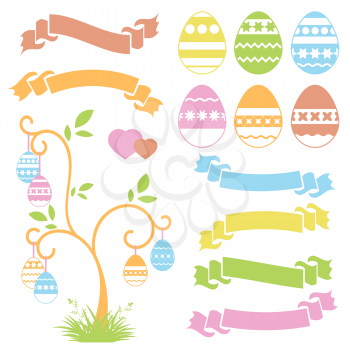 Set of colored isolated sweet Easter eggs and ribbon banners on white background. Abstract festive tree. Simple flat vector illustration. Suitable for decoration of postcards, advertising, magazines, websites.