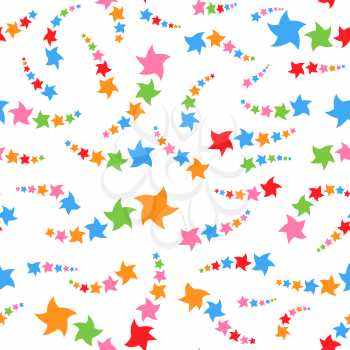 Colorful seamless pattern of cute stars on a white background. Simple flat vector illustration. For the design of paper wallpaper, fabric, wrapping paper, covers, web sites.