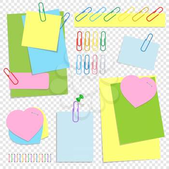 A set of colored office sticky sheets of different shapes, buttons and clips. A simple flat vector illustration isolated on a transparent background.