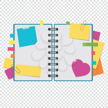 Color open notepad on rings with blank sheets and bookmarks between pages. A simple flat vector illustration isolated on a transparent background.
