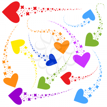 A set of bright streams of abstract stars in the shape of the heart. Colorful silhouette. Simple flat vector illustration isolated on white background.
