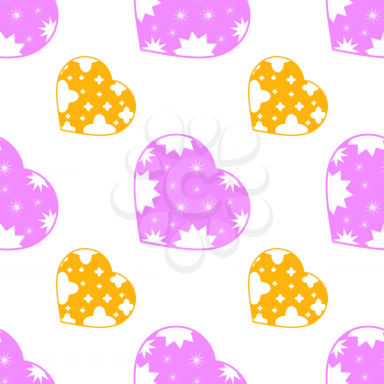 Colorful seamless pattern of cute pink and yellow hearts on a white background. Simple flat vector illustration. For the design of paper wallpaper, fabric, wrapping paper, covers, web sites.