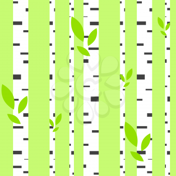 Colorful seamless pattern of abstract white birches with stripes on a green background. Simple flat vector illustration. For the design of paper wallpaper, fabric, wrapping paper, covers, web sites.