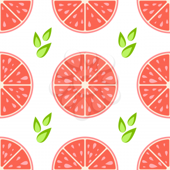 Colorful seamless pattern of delicious grapefruit slices on a white background. Simple flat vector illustration. For the design of paper wallpaper, fabric, wrapping paper, covers, web sites.