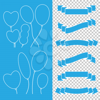 A set of monophonic tapes of banners and balloons. With space for text. A simple flat vector illustration isolated on a transparent background. Suitable for infographics, design, advertising, holidays, labels.