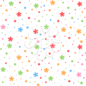 Colorful seamless pattern of falling snowflakes on a white background. Simple flat vector illustration. For the design of paper wallpaper, fabric, wrapping paper, covers, web sites.