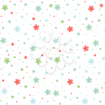Colored seamless pattern of falling flowers on a white background. Simple flat vector illustration. For the design of paper wallpaper, fabric, wrapping paper, covers, web sites.