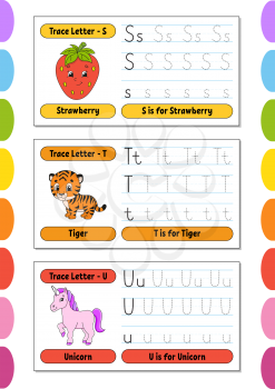 Writing letters. Set tracing page. Practice sheet. Worksheet for kids. Learn alphabet. Cute characters. Vector illustration. Cartoon style.
