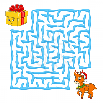 Square maze. Christmas game for kids. Winter puzzle for children. Labyrinth conundrum. Color vector illustration. Find the right path. Education worksheet.