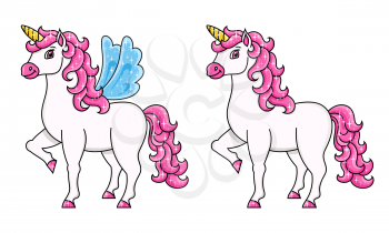 Cute unicorn with wings. Magic fairy horse. Cartoon character. Colorful vector illustration. Isolated on white background. Template for your design, books, stickers, cards, posters, clothes.