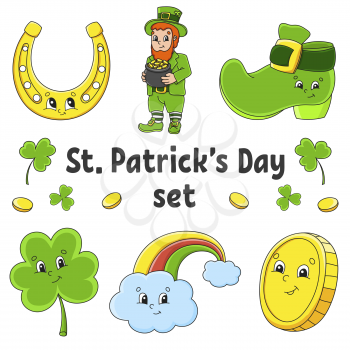 Set of stickers with cute cartoon characters. St. Patrick's Day. Hand drawn. Colorful pack. Vector illustration. Patch badges collection for kids. For daily planner, organizer, diary.