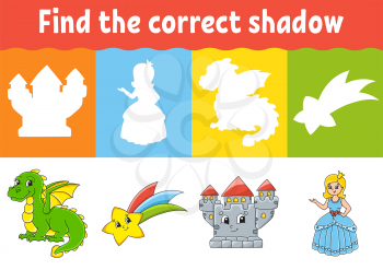 Find the correct shadow. Education worksheet. Matching game for kids. Fairytale theme. Color activity page. Puzzle for children. Cartoon character. Isolated vector illustration.