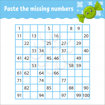 Paste the missing numbers from 1 to 100. Handwriting practice. Learning numbers for kids. Education developing worksheet. Activity page. Game for children.