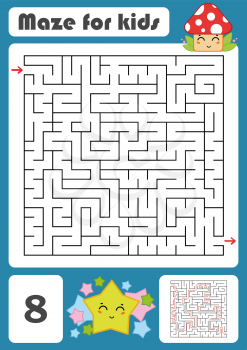 A square labyrinth. Developmental game for children. Vector illustration isolated. Color design with cute cartoons.