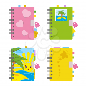 Closed notebook, personal diary on a spiral with bookmarks and paper for notes. A set of four options with bright covers. With a lock. Colorful flat vector illustration isolated on white background