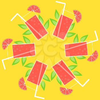 A round wreath of cocktails with straws. A simple flat vector illustration isolated on a yellow background.