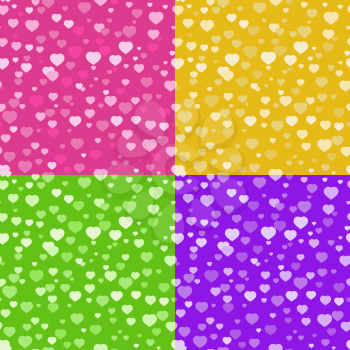 Set of colored seamless patterns of cute hearts. Can be used for printing on fabric or paper. Simple flat vector illustration.