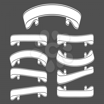 Set of white silhouettes of ribbon banners. With space for text. A simple flat vector illustration isolated on a black background. Suitable for infographics, design, advertising, holidays, labels.