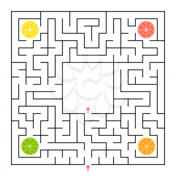 A square labyrinth. Collect all the lobes of fruit and find a way out of the maze. Simple flat isolated vector illustration