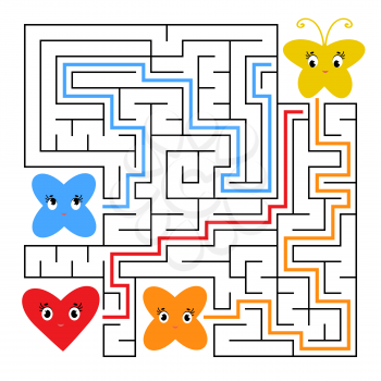 A square labyrinth. Who will reach the magic yellow cartoon. Simple flat isolated vector illustration. With the answer