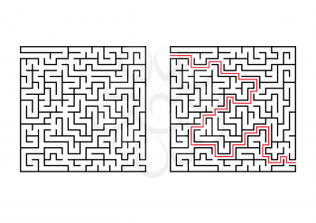 Abstract square maze. Simple flat vector illustration isolated on white background. With the answer