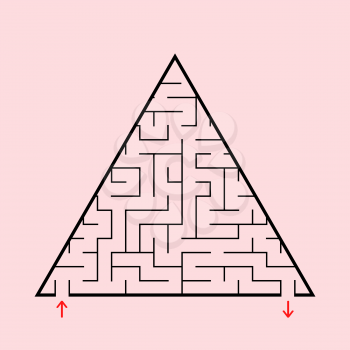 Triangular labyrinth with an input and an exit. A simple flat vector illustration isolated on a pink background