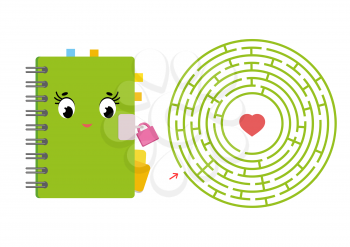 Round maze with a cartoon character. Cute notepad with a lock. An interesting and developing game for children. Simple flat isolated vector illustration.