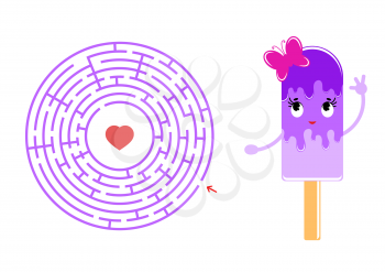 Round maze with a cartoon character. Lovely popsicle with a butterfly. An interesting and developing game for children. Simple flat isolated vector illustration