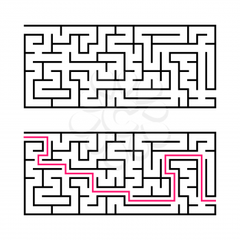 Rectangular labyrinth with a black stroke. A game for children. Simple flat vector illustration isolated on white background. With the answer