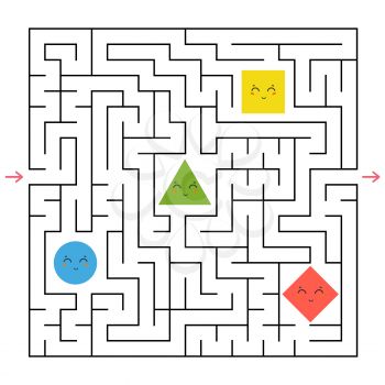 A square labyrinth. Collect all the geometric shapes and find a way out of the maze. An interesting game for children. Simple flat vector illustration