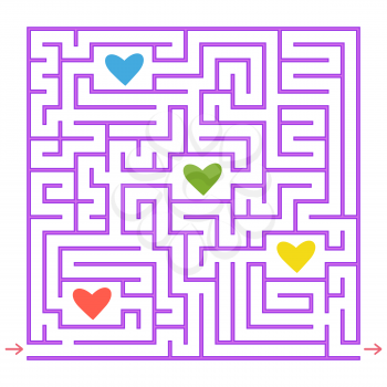 Purple square labyrinth. Collect all the colored hearts and find a way out of the maze. An interesting game for children. Simple flat vector illustration