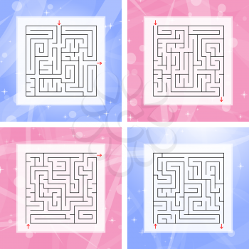 A set of square labyrinths. An interesting and useful game for children and adults. Simple flat vector illustration on a colorful abstract background