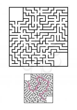 Abstract square maze. Game for kids. Puzzle for children. One entrances, one exit. Labyrinth conundrum. Vector illustration isolated on white background. With answer. With place for your image.