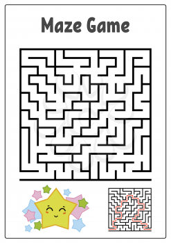 Abstract square maze. Kids worksheets. Game puzzle for children. Funny star and mushroom on a white background. One entrances, one exit. Labyrinth conundrum. Vector illustration. With the answer.