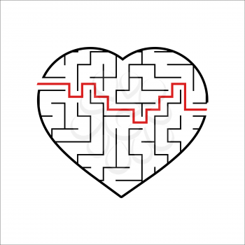 Abstract heart shaped labyrinth. Game for kids. Puzzle for children. One entrances, one exit. Maze conundrum. Simple flat vector illustration isolated on white background. With the answer.