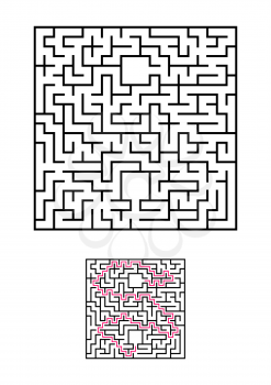 Abstract square maze. Game for kids. Puzzle for children. One entrances, one exit. Labyrinth conundrum. Simple flat vector illustration isolated on white background. With answer.