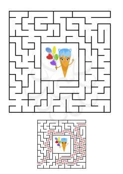 Abstract square maze. Kids worksheets. Game puzzle for children. Cute ice cream on a white background. One entrances, one exit. Labyrinth conundrum. Vector illustration. With the answer.