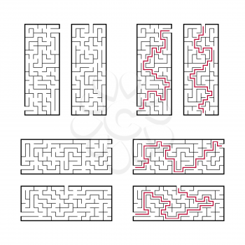 A set of rectangular mazes. Game for kids. Puzzle for children. One entrances, one exit. Labyrinth conundrum. Flat vector illustration isolated on white background. With answer.