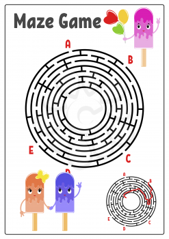 Abstract round maze. Kids worksheets. Activity page. Game puzzle for children. Cute cartoon ice cream. Labyrinth conundrum. Vector illustration. With answer. With space for your image