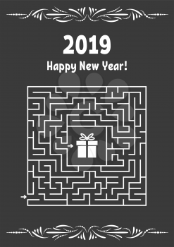 New Year greeting card with square maze. Find the right path to the gift. Game for kids. Puzzle for children. Labyrinth conundrum. Vector illustration. With frame in vintage style.