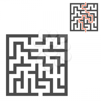 Abstract square maze. Game for kids. Puzzle for children. One entrance, one exit. Labyrinth conundrum. Flat vector illustration isolated on white background. With answer.