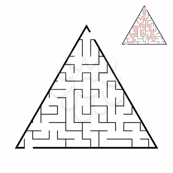 Abstract triangular labyrinth. Game for kids. Puzzle for children. One entrance, one exit. Labyrinth conundrum. Flat vector illustration isolated on white background. With answer