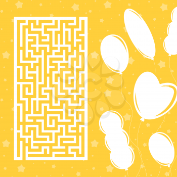 Color rectangular maze. Game for kids. Puzzle for children. Labyrinth conundrum. Flat vector illustration isolated on color festive background with balloons