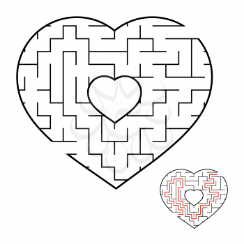 Abstract heart shaped labyrinth. Game for kids and adults. Puzzle for children. Labyrinth conundrum. Flat vector illustration isolated on white background. Love search concept. With answer