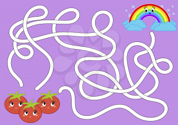 Color abstract maze. Help the tomatoes get to the rainbow. Kids worksheets. Activity page. Game puzzle for children. Cartoon style. Labyrinth conundrum. Vector illustration