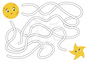 Color abstract maze. Help the moon to reach the star. Kids worksheets. Activity page. Game puzzle for children. Cartoon style. Labyrinth conundrum. Vector illustration