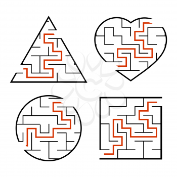 A set of mazes. Circle, square, triangle, heart. Game for kids. Puzzle for children. One entrances, one exit. Labyrinth conundrum. Flat vector illustration isolated on white background. With answer