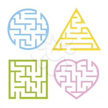 A set of colored light mazes. Circle, square, triangle, heart. Game for kids. Puzzle for children. One entrances, one exit. Labyrinth conundrum. Flat vector illustration isolated on white background