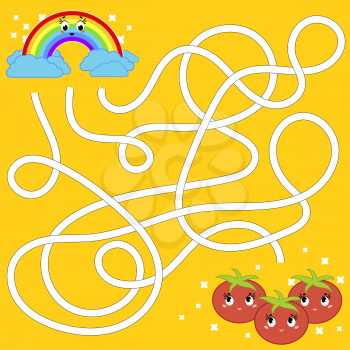 Color abstract maze. Help the rainbow to reach the tomatoes. Kids worksheets. Activity page. Game puzzle for children. Cartoon style. Labyrinth conundrum. Vector illustration